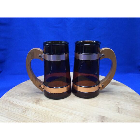 Siesta Ware Amber Brown Barrel Glass Beer Mug Wood Handle 2 - Picture 1 of 10